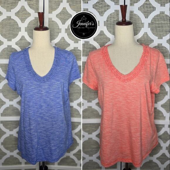 L.L. Bean Women's 2 Blue and Orange Double Ruffle Scoop Neck Short Sleeve Tops M - Picture 1 of 9